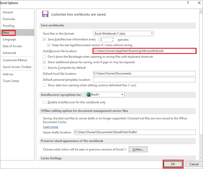 Copy the location path under AutoRecover file location