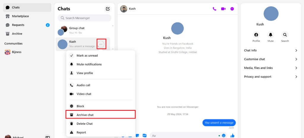what does archive on facebook messenger do