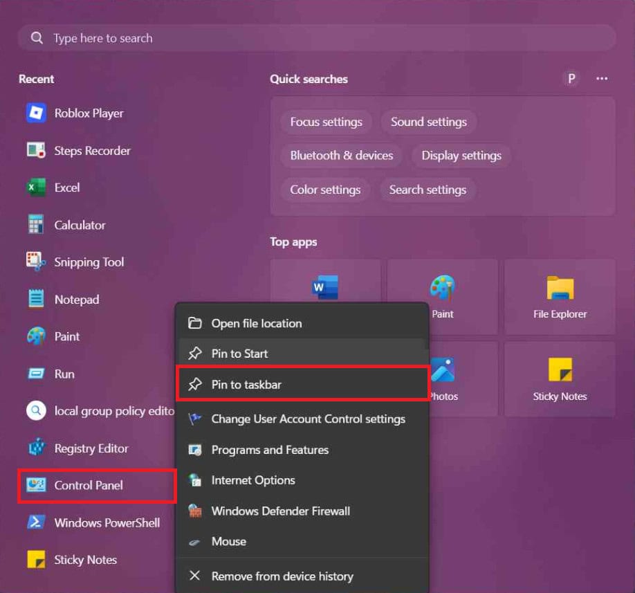 select Pin to Taskbar | Open Control Panel In Windows 10/11 