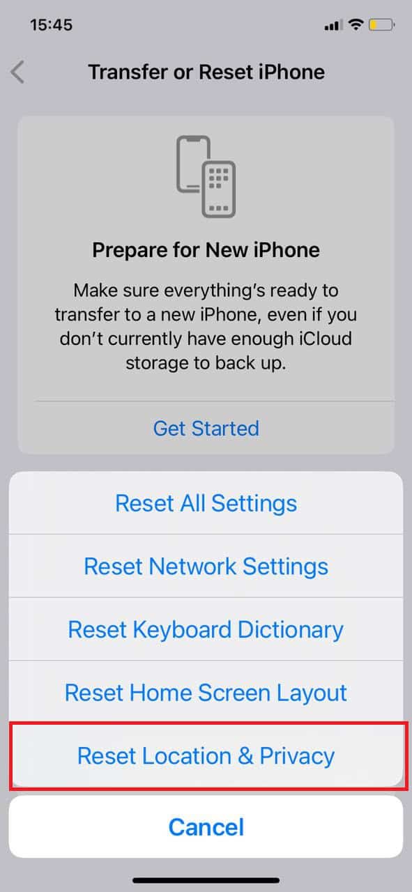 select Reset Location & Privacy