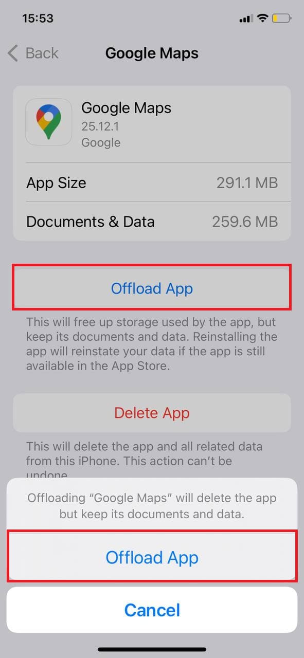 tap on Offload App | Fix Google Maps Not Working on iPhone