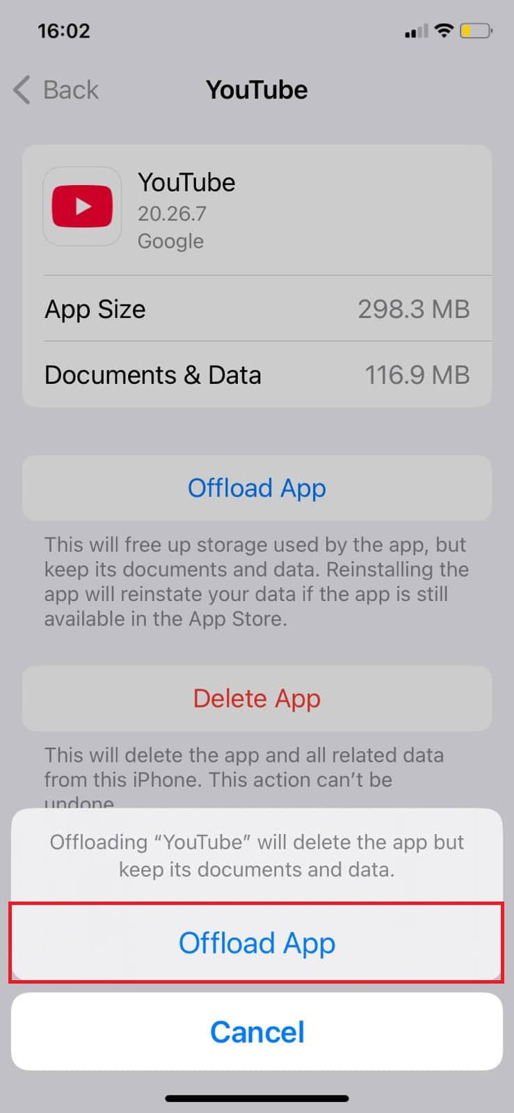 select Offload App | YouTube App Not Working