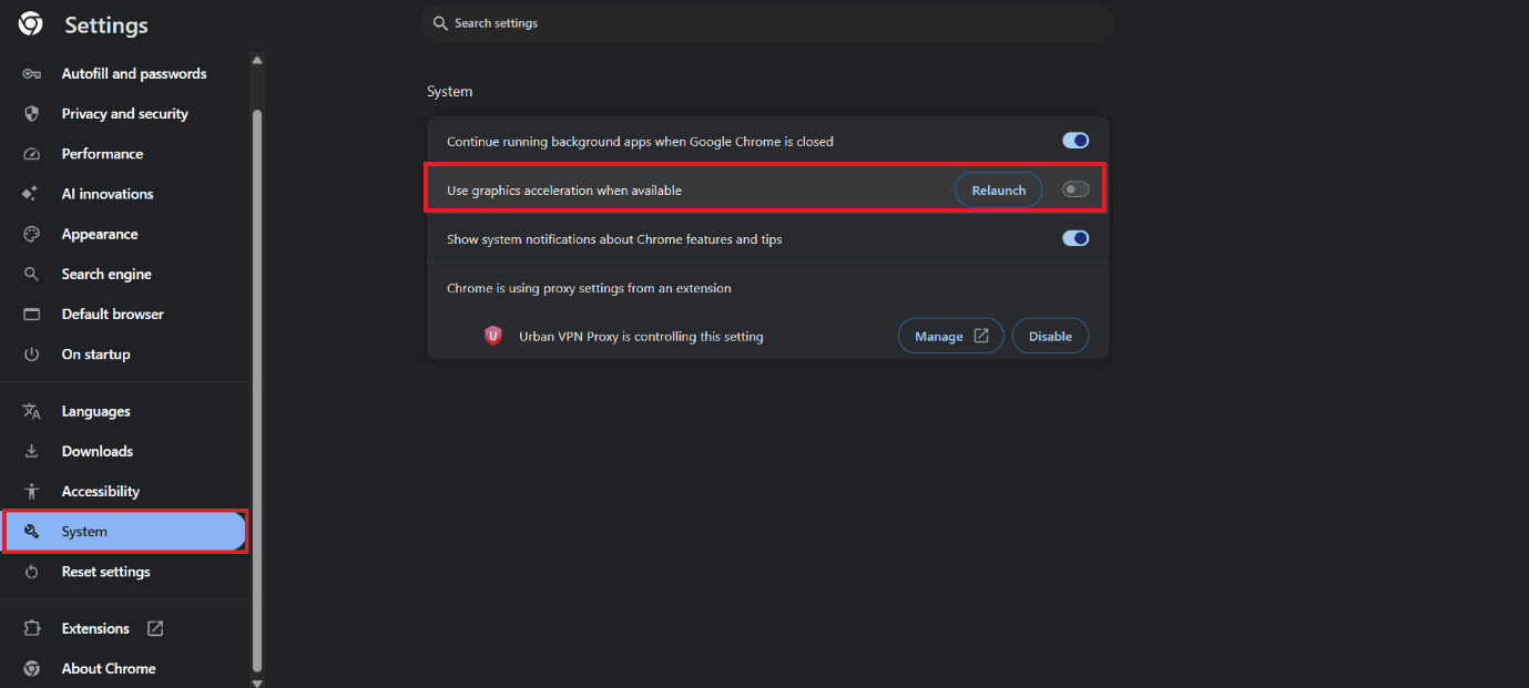 turn the toggle off for Use graphics acceleration when available