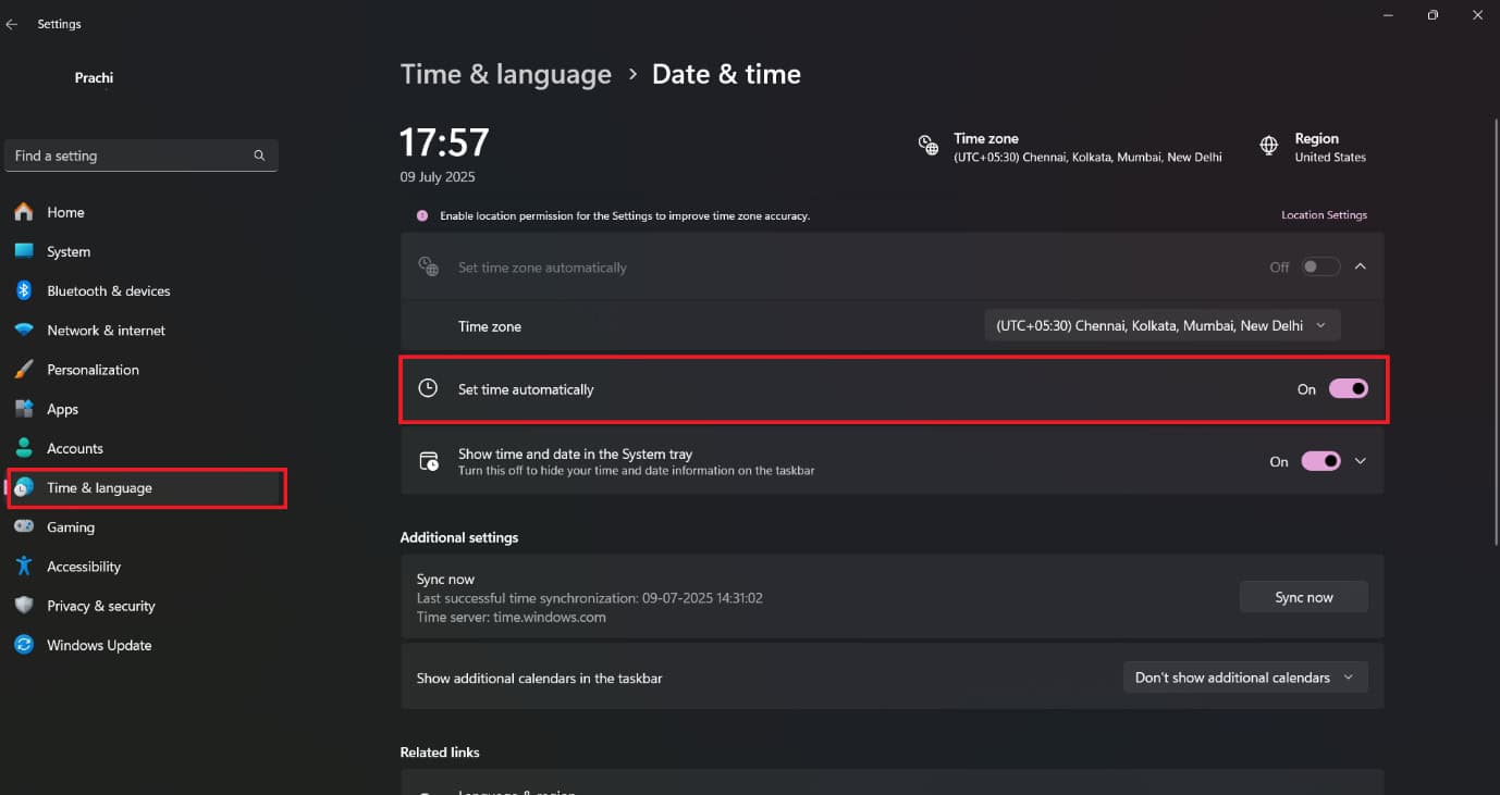 turn the toggle on for Set time automatically