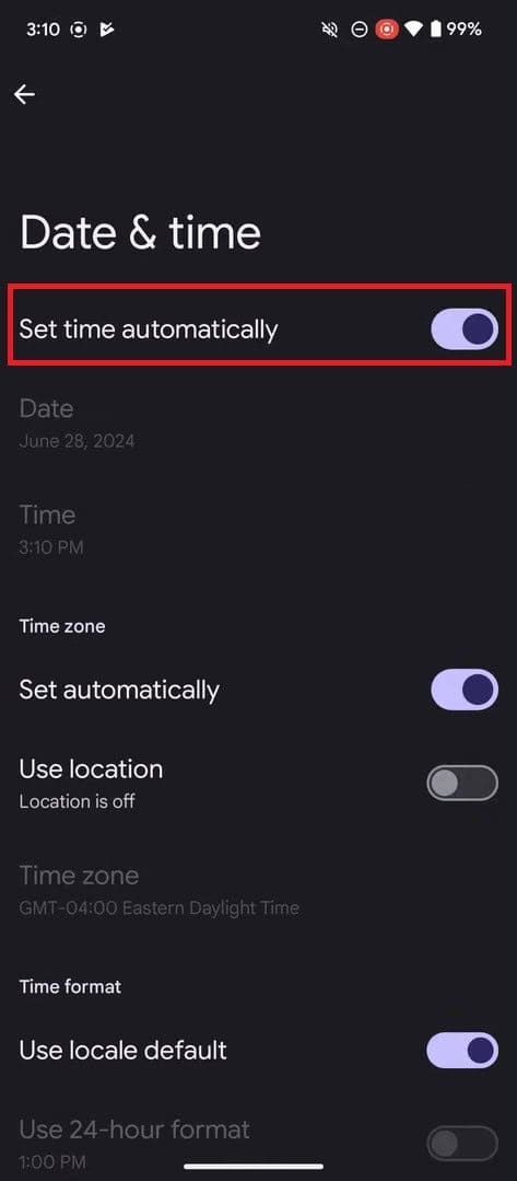 turn the toggle on for Set time Automatically