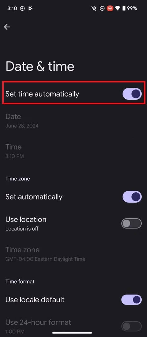 turn the toggle on for Set time Automatically