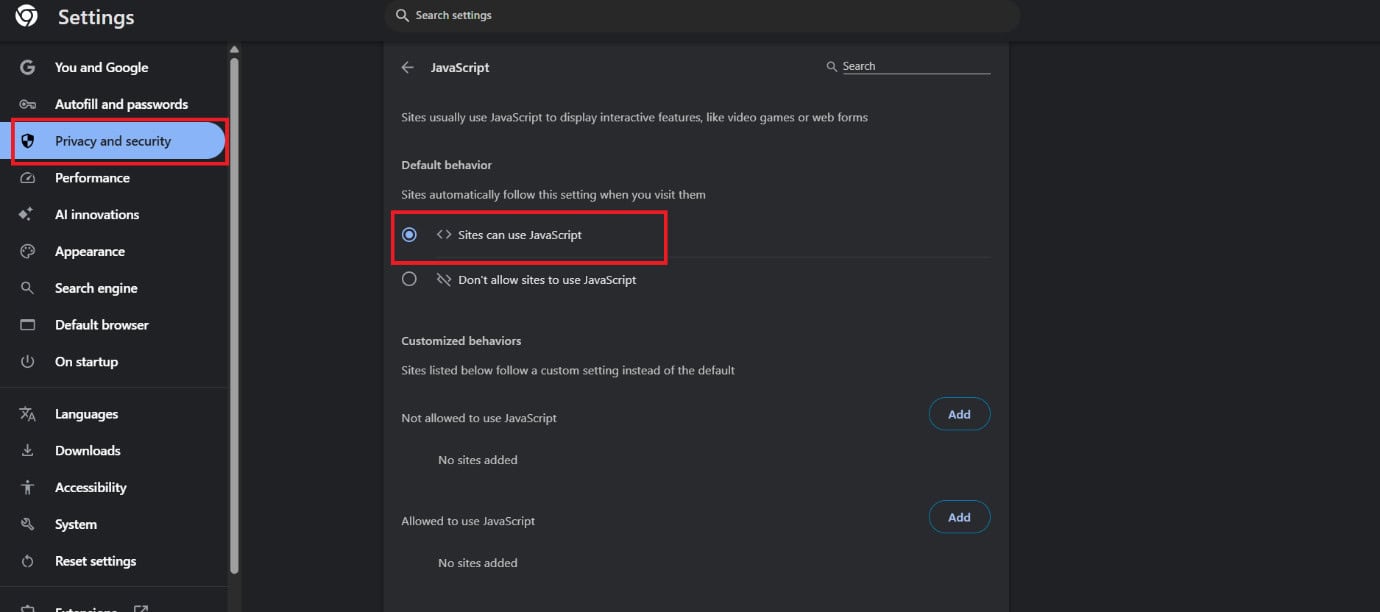 click on Sites can use JavaScript 