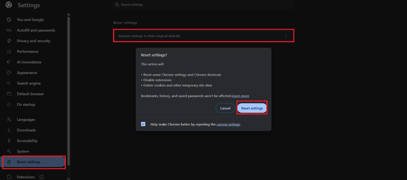 select Reset settings