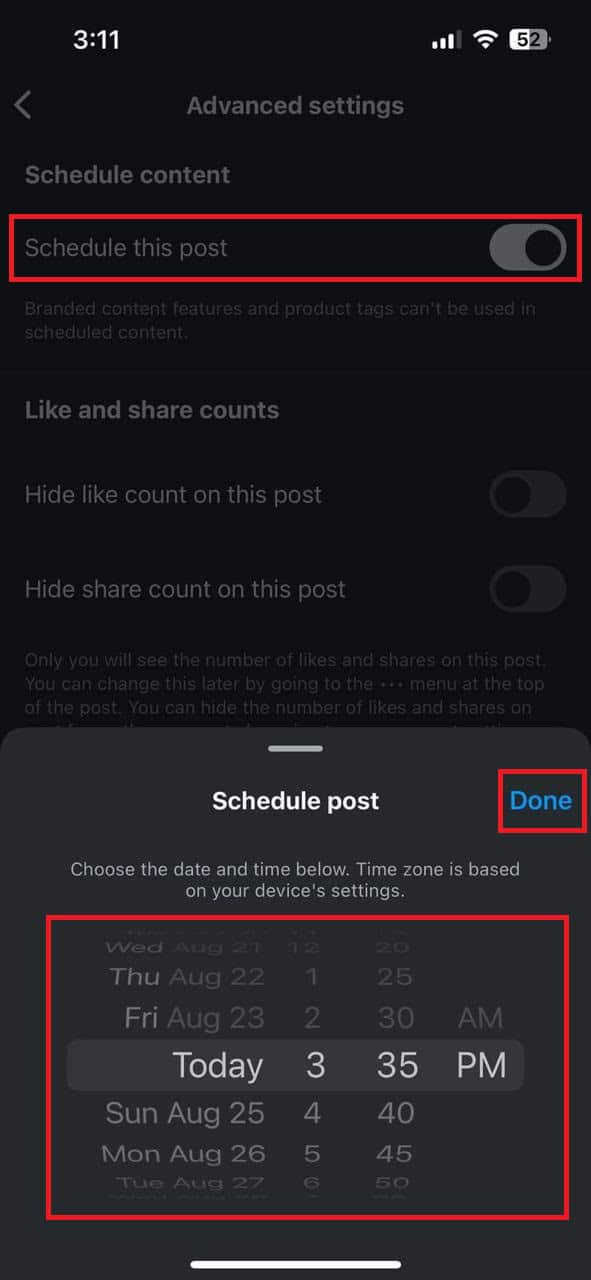 Tap on Done | How to Schedule Instagram Posts