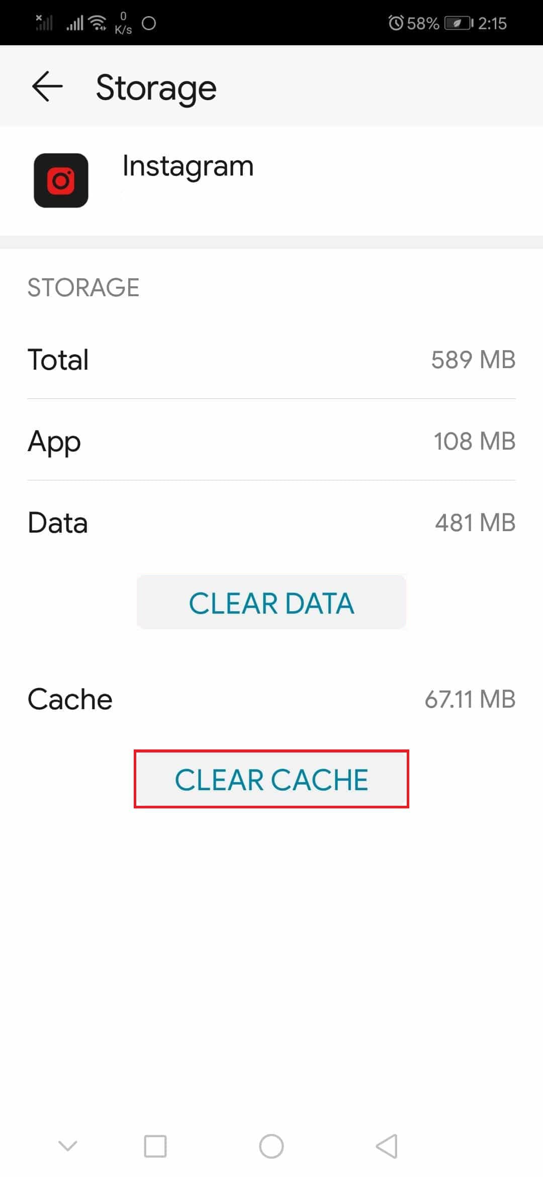 tap on the Clear cache | Fix Instagram Comments Not Working