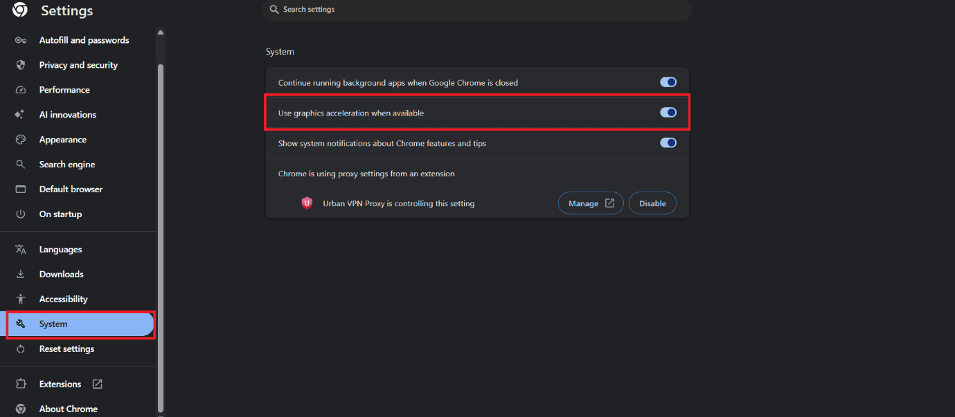 turn the toggle off for Use graphics acceleration when available