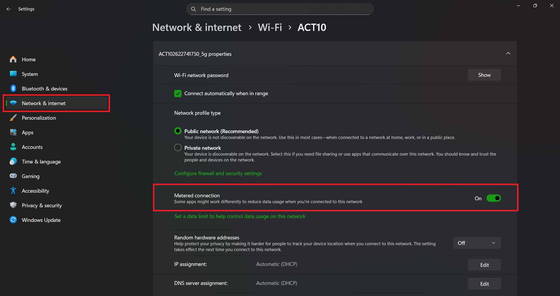 turn the toggle on for Set as metered connection