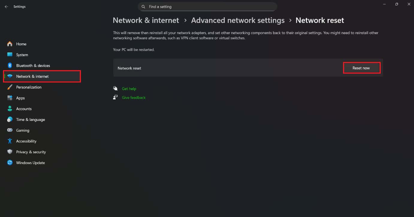 click on Reset now
