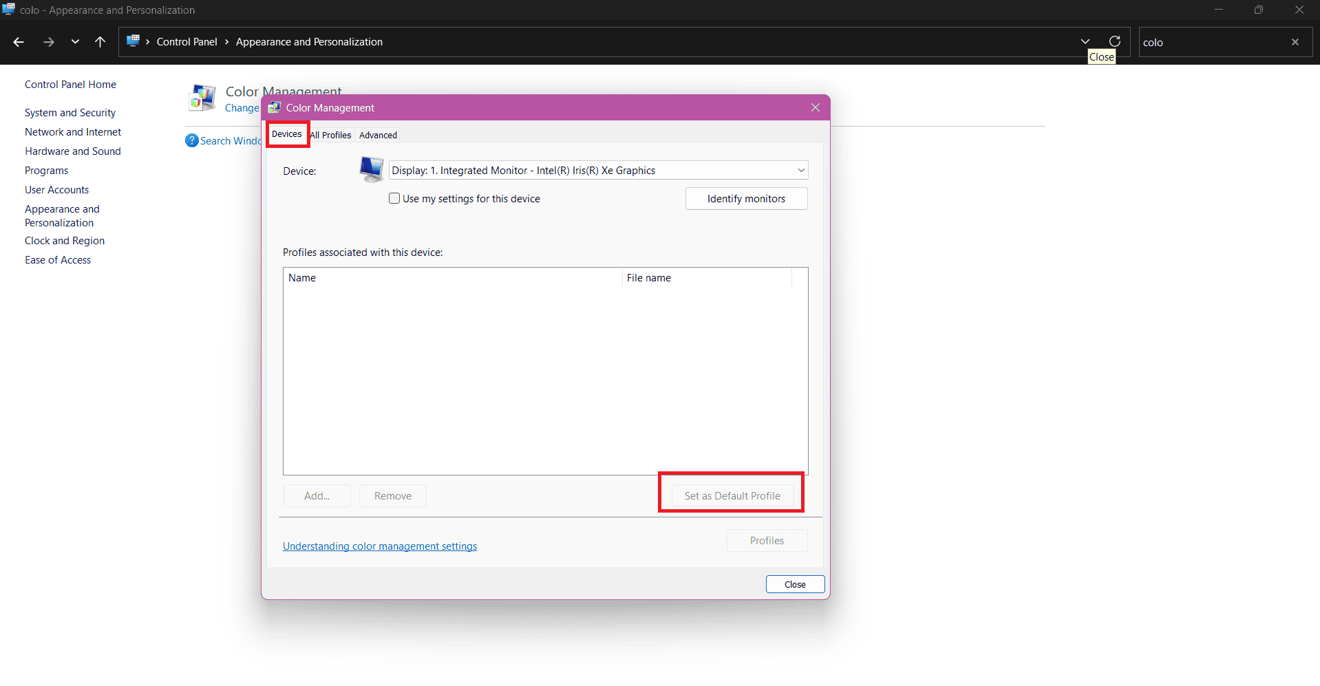 click on Set as Default Profile | How to fix Blue or Red Tint on Monitor