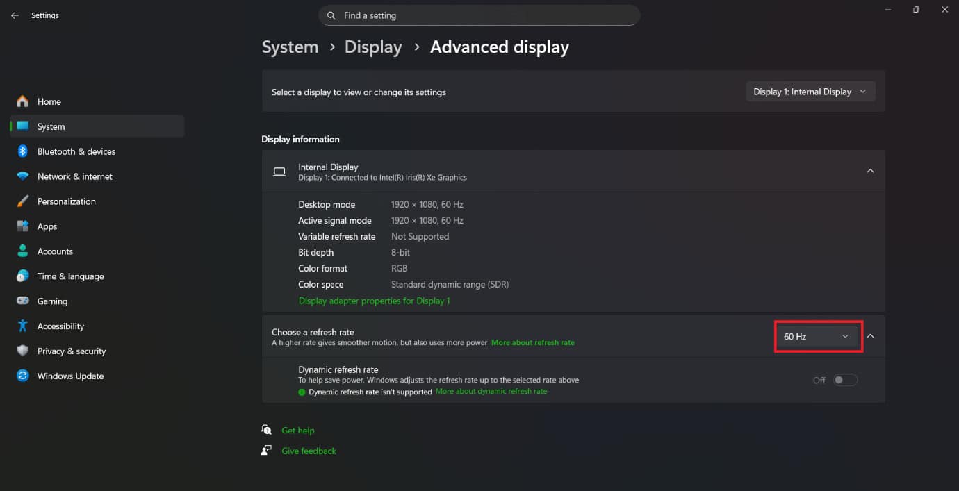 Click on the Choose a refresh rate box 