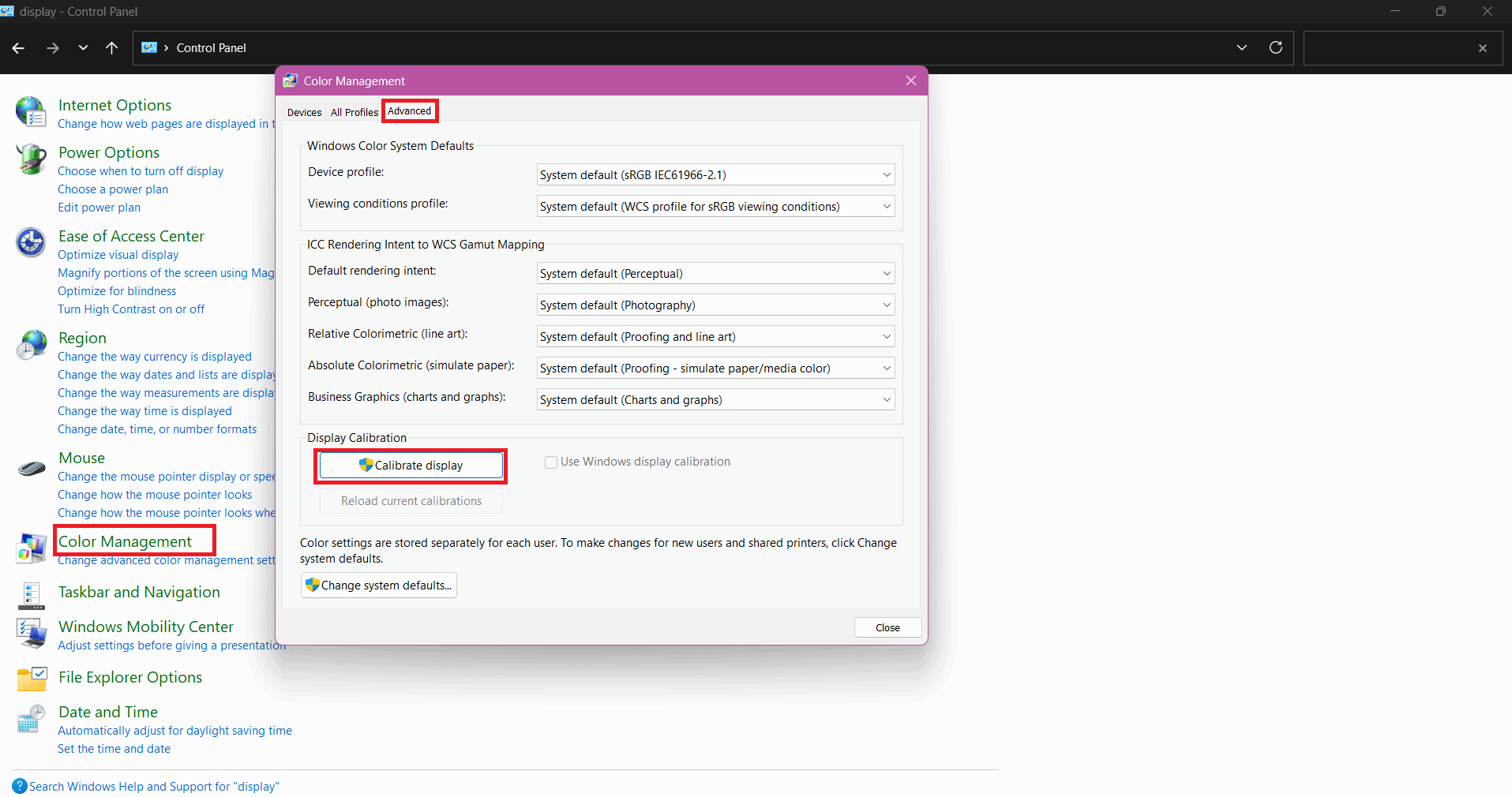 select Calibrate display 