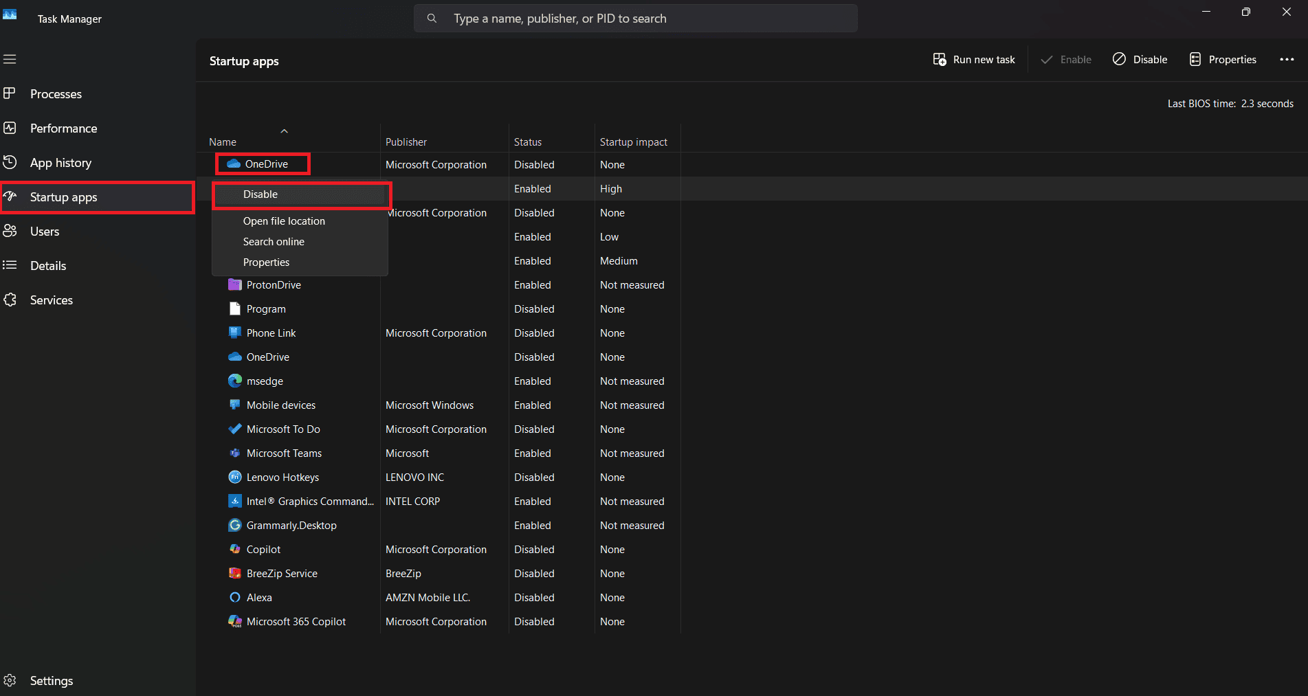 select Disable