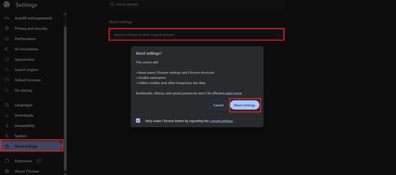 select Reset settings | Fix Google Chrome Blank White Screen on Windows 11/10