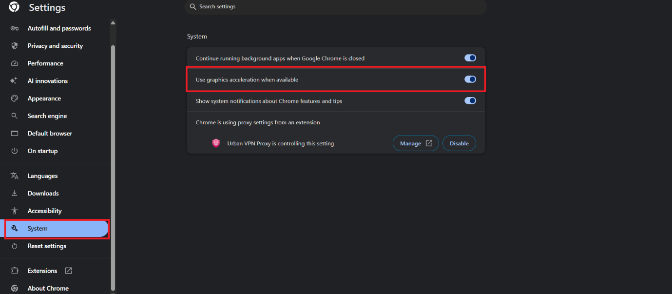 turn the toggle off for Use graphics acceleration when available