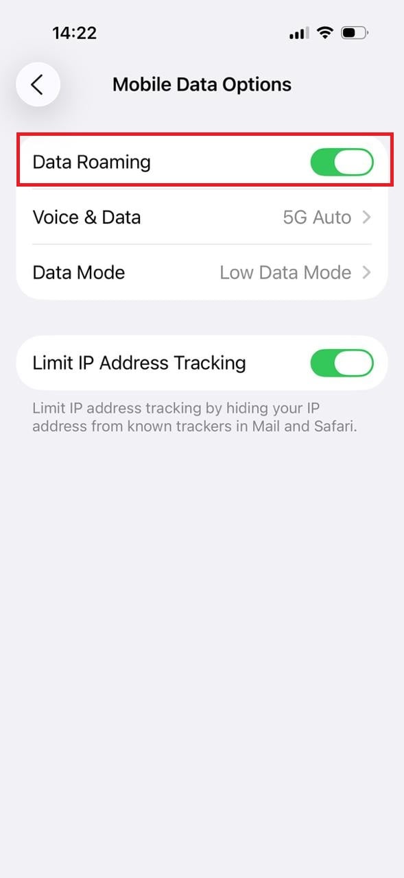 turn the toggle on for Data Roaming