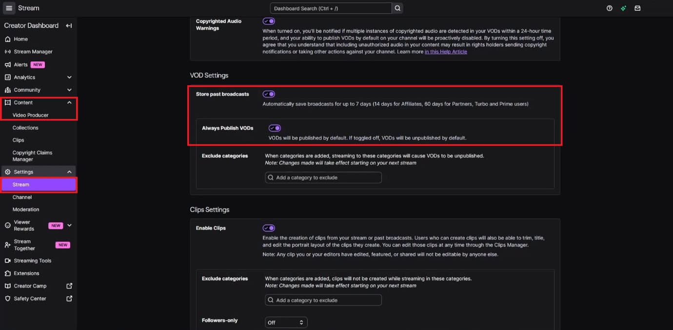 turn the toggle on for Store past broadcasts and Always Publish VODs 