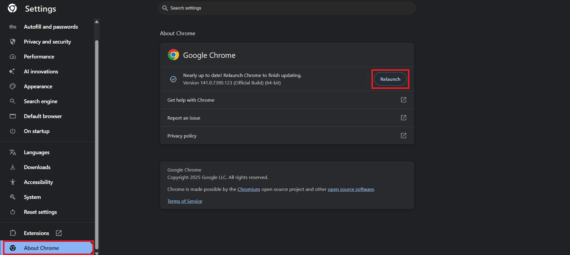 click on Relaunch | Fix Facebook Messenger Photos Not Loading