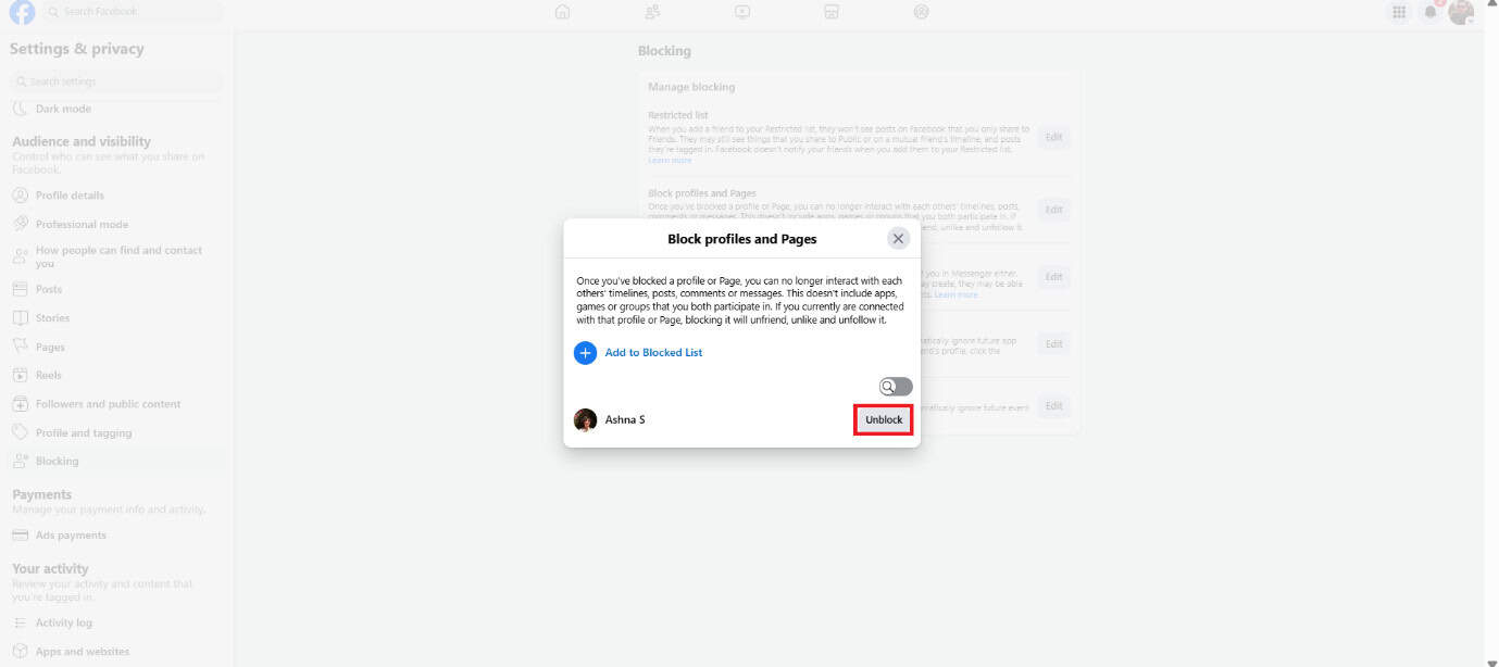 select Unblock | How to Delete Someone from Facebook Blocked List