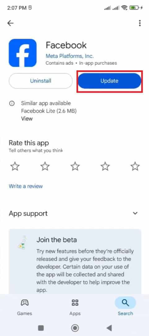 Tap on Update | Fix Facebook Content Is Not Available Error