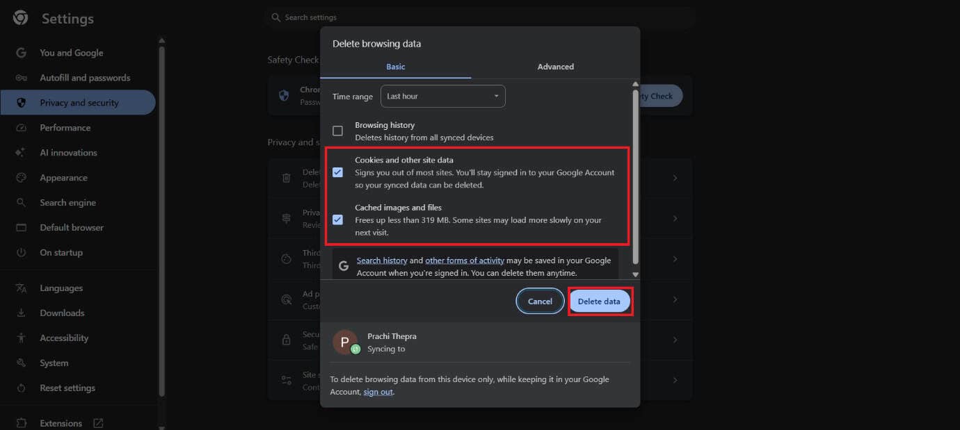 tick on Cookies and other site data and Cache images and files