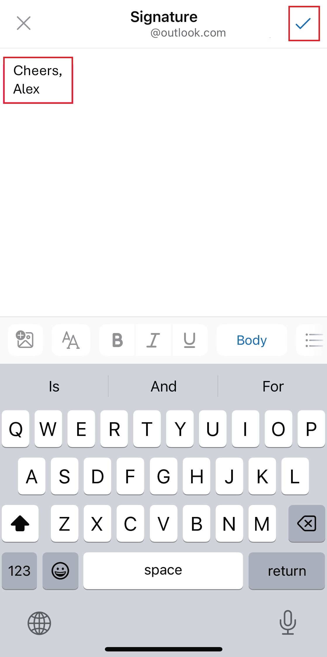 tap on the tick icon | How to Change Signature in Outlook