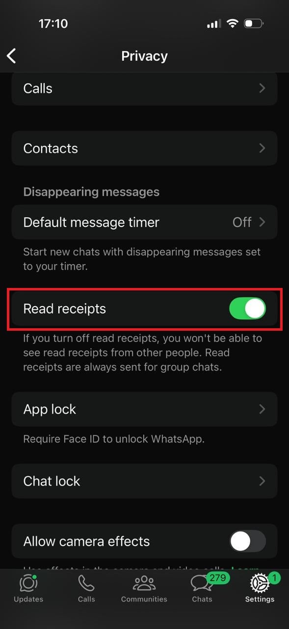 turn the toggle off or on for Read receipts | How to Know if Someone Read a Message in WhatsApp